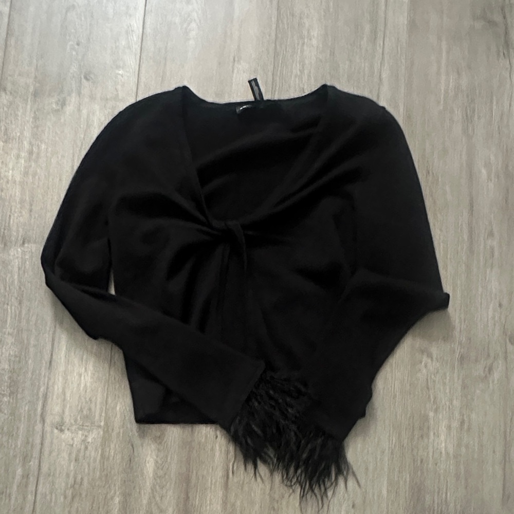 Aqua Black Twist-Front Crewneck Sweater with Feather Trim